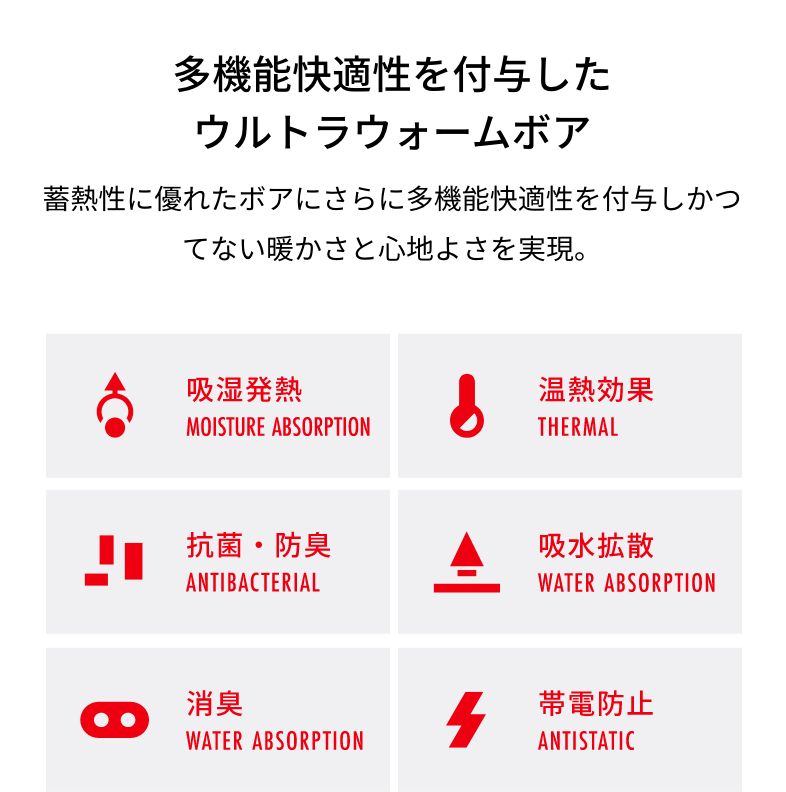 多機能快適性を付与したウルトラウォームボア 蓄熱性に優れたボアにさらに多機能快適性を付与しかつてない暖かさと心地よさを実現。