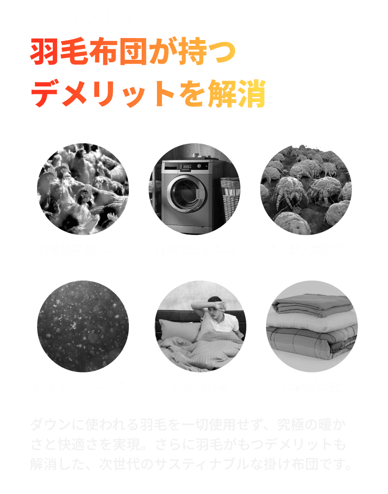 SOLUTION01.羽毛布団が持つデメリットを解消。ダウンに使われる羽毛を一切使用せず、究極の暖かさと快適さを実現。さらに羽毛がもつデメリットも解消した、次世代のサスティナブルな掛け布団です。